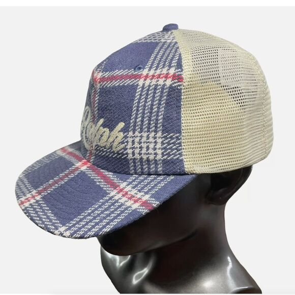 NWT Polo Ralph Lauren Embroidered Plaid Trucker Cap Hat Navy Off White RARE main image 6